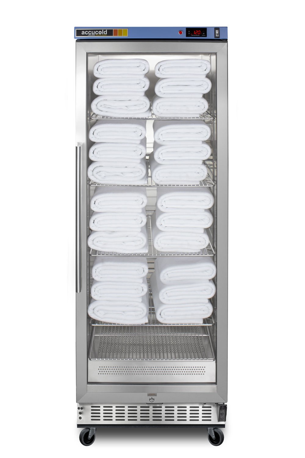 Single chamber passive heating blanket warmer with a self-closing glass door, stainless steel interior, digital thermostat, stainless steel cabinet, and lock